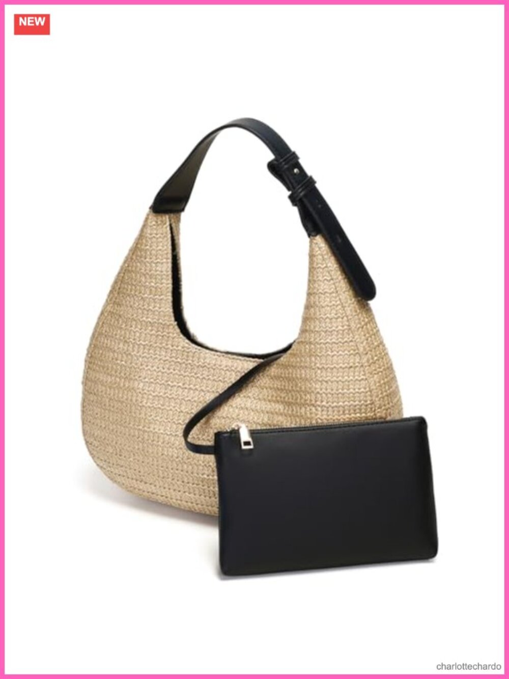 Straw Woven Hobo Shoulder Bag PU Leather Trim 2Pc Set Adjustable